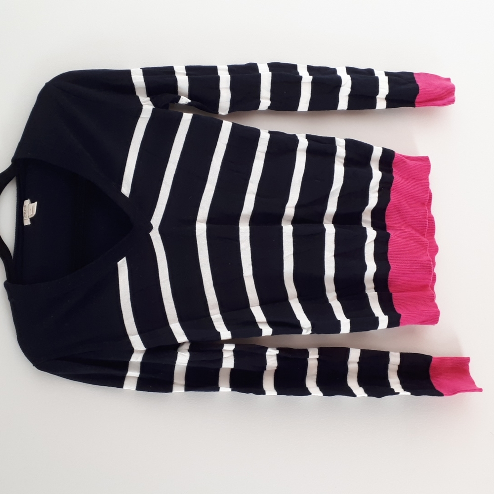 J. Crew striped black and white sweater with pink accents